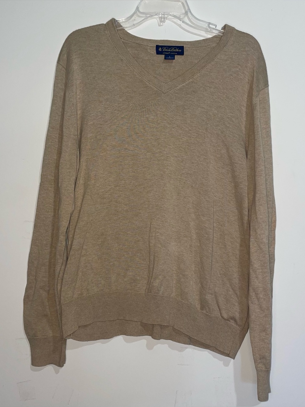 Brooks Brothers 100% Supima Cotton V Neck Knit Beige Pullover Sweater Preppy